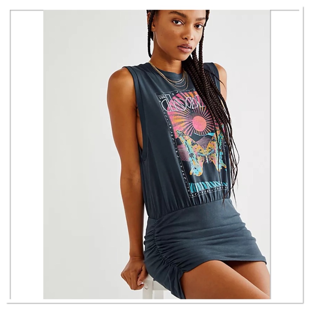 DAYDREAMER Free People Doors Butterfly Poster Tee Dress in Vintage Black Sz XS